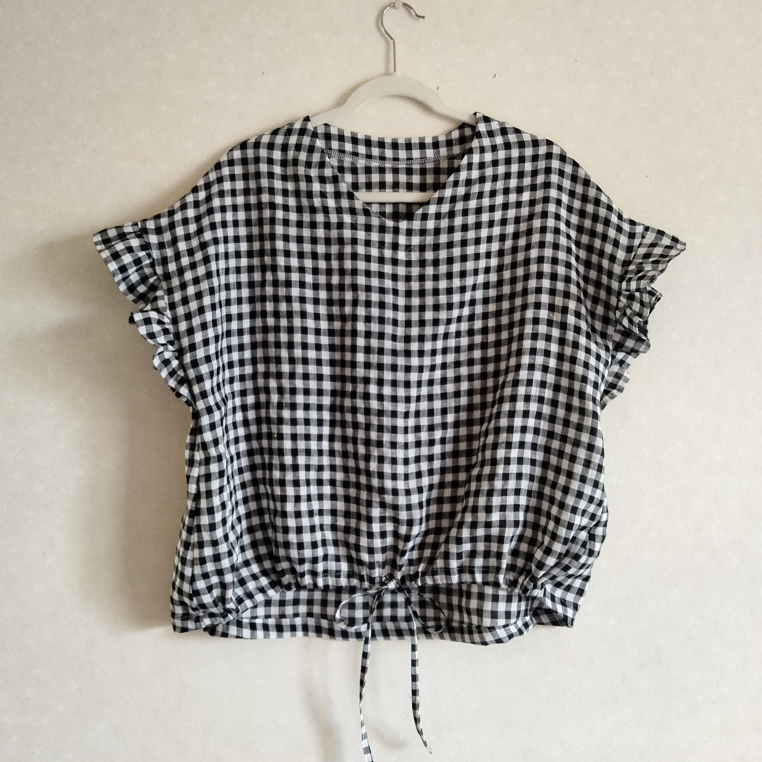 1枚でかわいく決まる ！フリル袖のドロストブラウス☆ギンガムチェックリネン100%☆ブラック〈受注制作〉再販×28