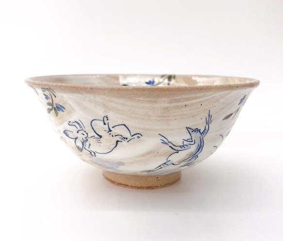【清水焼】鳥獣戯画　飯碗（青） 1枚目の画像