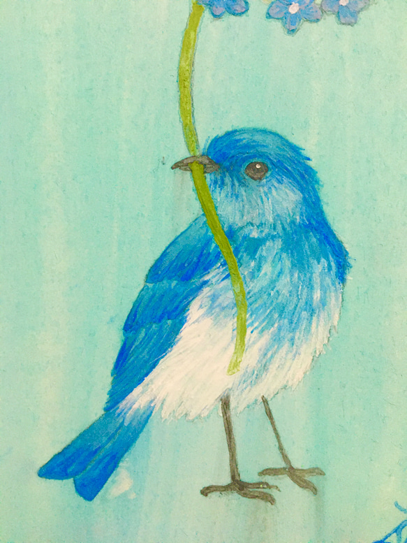 ミニ日本画　青い鳥の絵　鳥の絵画 5枚目の画像
