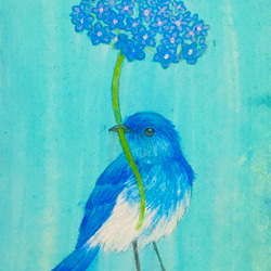 ミニ日本画　青い鳥の絵　鳥の絵画 4枚目の画像
