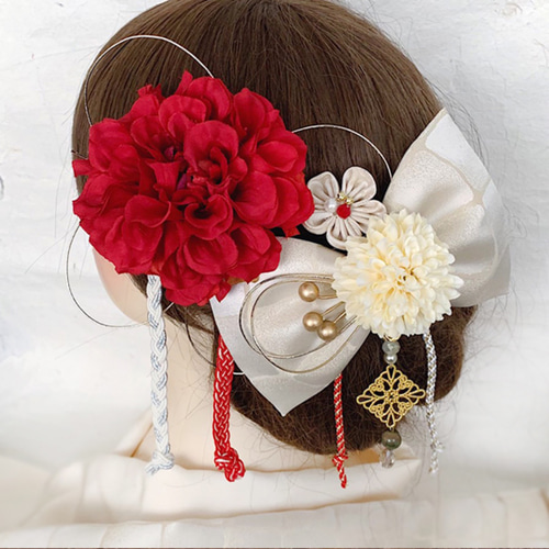 卒業式　卒園式　成人式　結婚式　髪飾り　赤　お花とリボンの大正ロマン飾り 送料無料】成人式 結婚式 和装 髪飾り リボン 赤 大正ロマン