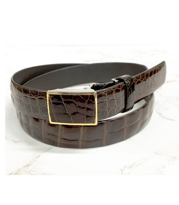 日本製　クロコダイル　３０㎜巾　上質　ベルト　ボンベ加工　真鍮磨き上げ金具　エキゾチックレザー 画像参照