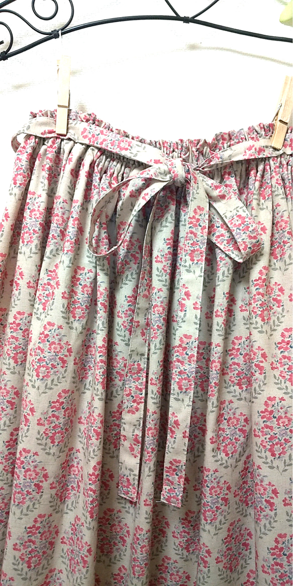 プリントギャザースカート綿麻混 ロング丈 3枚目の画像