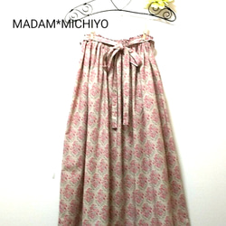 プリントギャザースカート綿麻混 ロング丈 1枚目の画像