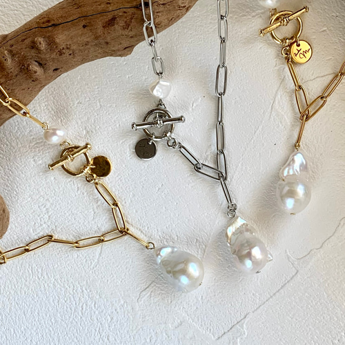 大幅値下げ　照り抜群　大粒淡水パール バロックパール ネックレス オイスター真珠 大粒淡水パール オイスター バロック サージカルステンレス ネックレス