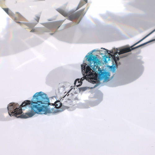 ストラップ宝石 ストラップ 根付 ほたる玉 光る とんぼ玉 スカイブルー 携帯ストラップ