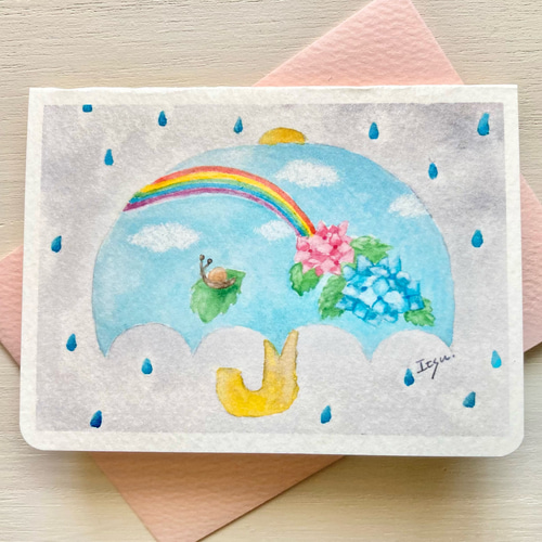 2枚セット「雨のち晴れ」水彩画イラスト ミニカード 紫陽花 梅雨
