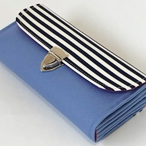袋分け♪家計やりくり財布/スカイブルー×ボーダー 長財布 Mimity