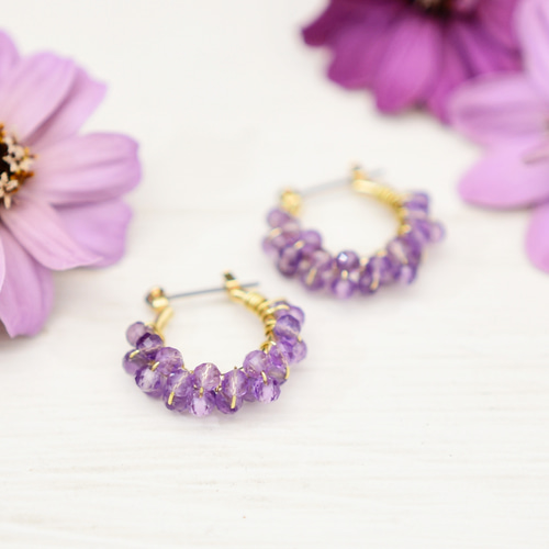 チタンピアス・通常サイズ】紫 アメジスト 2月誕生石 フープピアス 