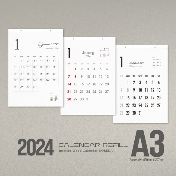 2024 カレンダーリフィル・シンプルデザイン（木製カレンダー交換用-A3） 1枚目の画像