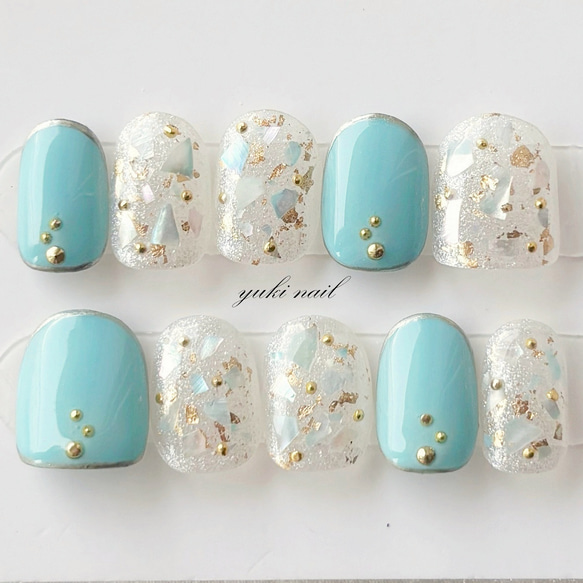 シェル&金箔のエメラルドグリーンのネイル ネイルチップ（つけ爪