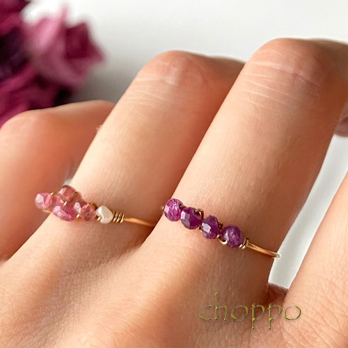 4粒ルビー 14㎏f オープンリング サイズ調整可 14K 天然石リング