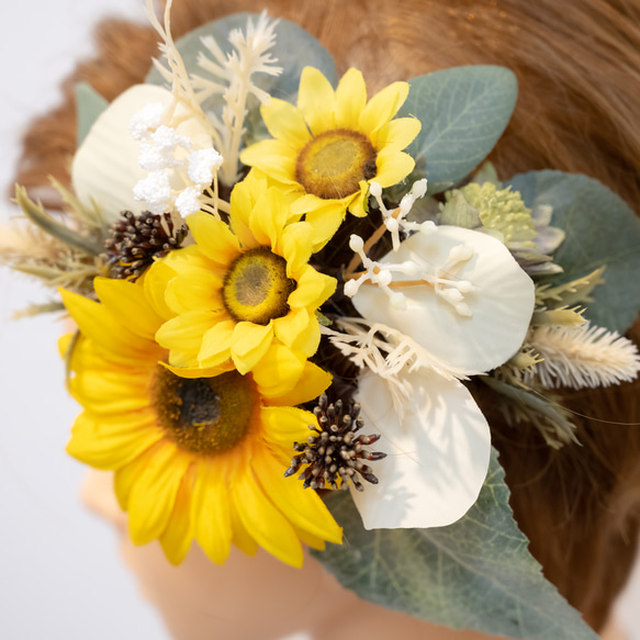 【ショートヘアー・ベリーショートの花嫁様に＊】ヒマワリ（向日葵）ユーカリのヘッドドレスB 夏の結婚式や前撮り髪飾り 5枚目の画像