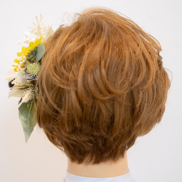 【ショートヘアー・ベリーショートの花嫁様に＊】ヒマワリ（向日葵）ユーカリのヘッドドレスB 夏の結婚式や前撮り髪飾り 7枚目の画像