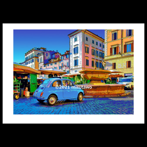 アートポスター】イタリア ローマの市場とFIAT500（チンクエチェント