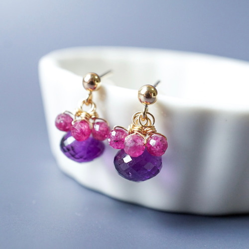 14kgf ガーネット ピンクアメジスト パール ルビー ピアス イヤリング