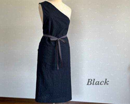 ワンショルエプロン　ブラック サロンワーク シャルロン ワンショルダーリボンエプロン