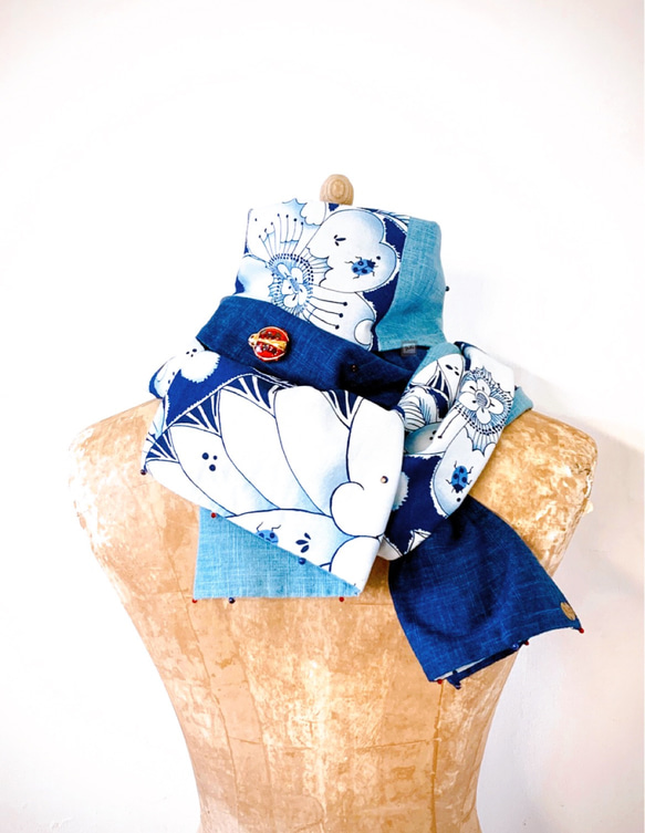 スカーフNo.119 *仲夏夜之夢*設計師手作手繪風格小瓢蟲印花藍色圍巾 披肩 第6張的照片