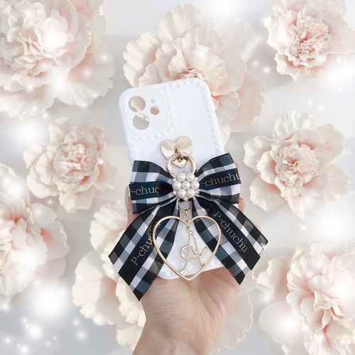 ゆめかわ♡ハートラインケース (ホワイト) リボンチャーム付き 〜文字