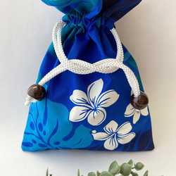 【袋ポーチ M/L】ハワイ：かわいいプルメリアとモンステラ柄のとても使いやすいオススメ袋ポーチです (ブルー) 3枚目の画像