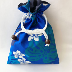 【袋ポーチ M/L】ハワイ：かわいいプルメリアとモンステラ柄のとても使いやすいオススメ袋ポーチです (ブルー) 9枚目の画像