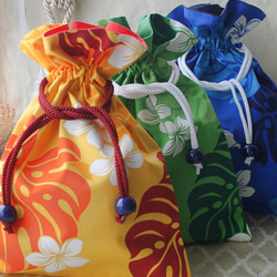 【袋ポーチ M/L】ハワイ：かわいいプルメリアとモンステラ柄のとても使いやすいオススメ袋ポーチです (ブルー) 13枚目の画像