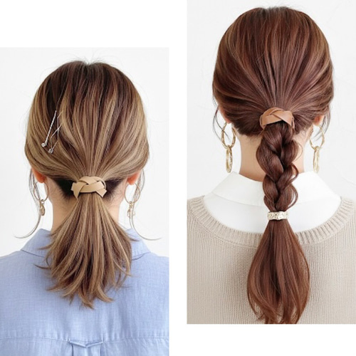 ♥️500 本革 編み込み ヘアゴム / レザー ヘアアクセサリー ヘアゴム