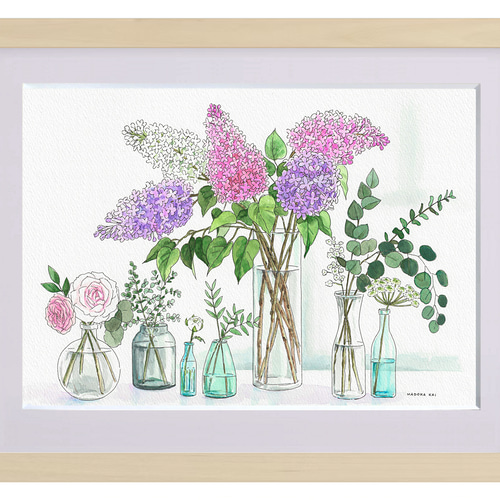 ☆受注制作 ライラックのガラス瓶たち ＊額装付き手描き水彩画