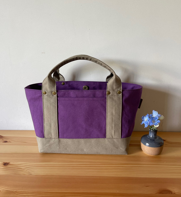浜松産帆布【見っけバッグ】［横長トート　紫×グレーベージュ］ 1枚目の画像