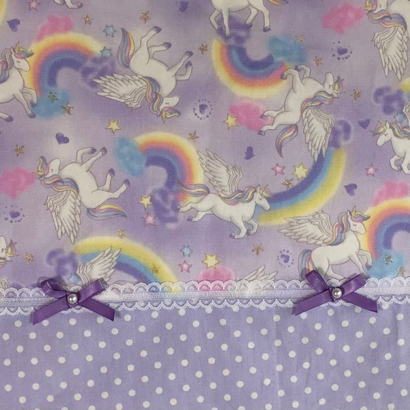 レッスンバッグ 虹とユニコーン 紫 キルティング　絵本　ピアノ音楽バック 3枚目の画像