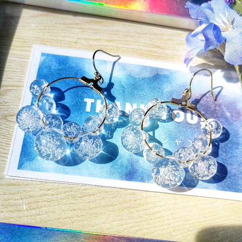 1212】マーブルスクエアと鈴ビーズのピアス／イヤリング 1212