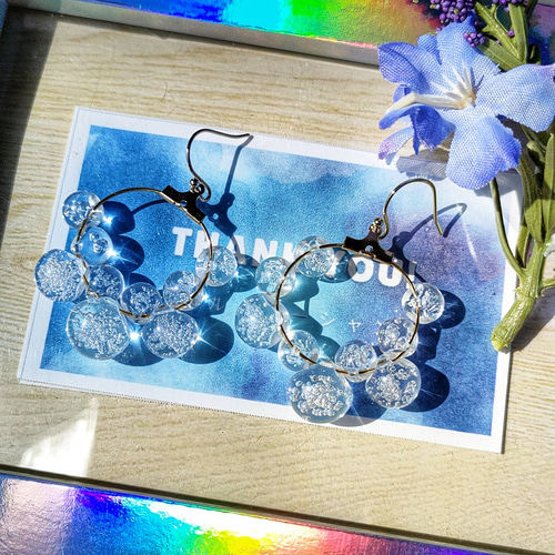 1212】マーブルスクエアと鈴ビーズのピアス／イヤリング 1212