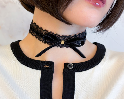 黒：Lara：リボンとレースのチョーカー SV371BK チョーカー MAY：Sugar