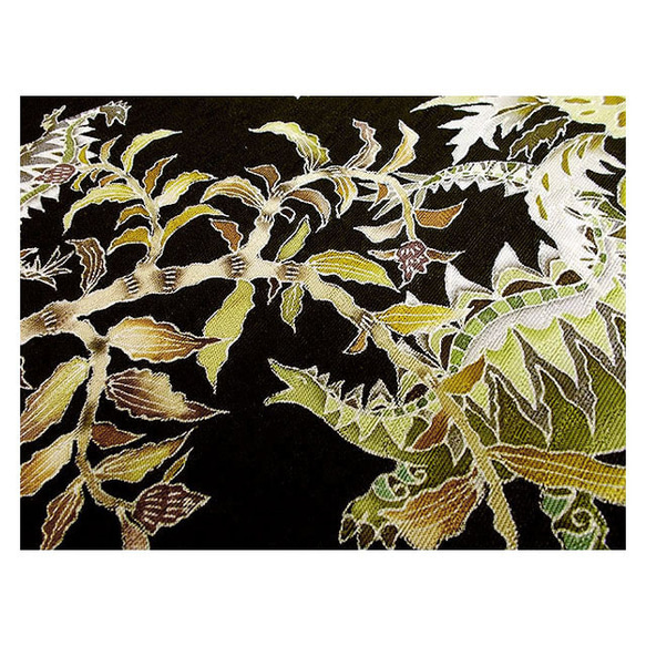 名古屋帯＆袋帯（古代植物と恐竜家族）（金茶味黒色） 5枚目の画像