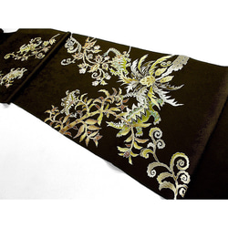 名古屋帯＆袋帯（古代植物と恐竜家族）（金茶味黒色） 4枚目の画像