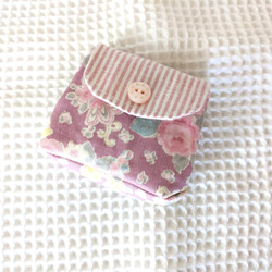 紫花柄×ピンクストライプ　ミニミニポーチ 1枚目の画像