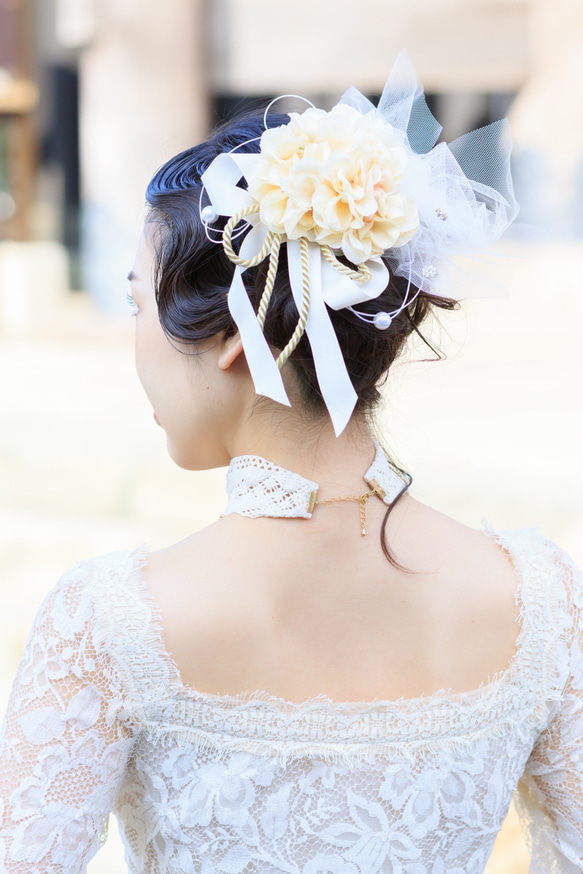 結婚式　ウェディング　ブライダル　和婚　ヘッドドレス　髪飾り　ダリア　白無垢　純白の花嫁鞠ボンネット 2枚目の画像