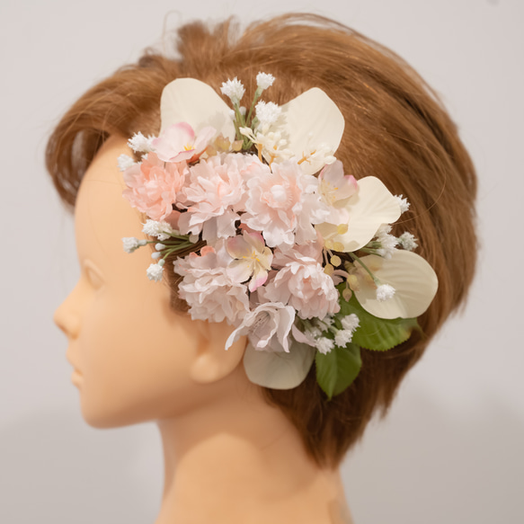 【ショートヘアーやベリーショートの花嫁様に】桜（さくら）のヘッドドレスJ ボンネ風ヘッドパーツ 春の前撮り・結婚式髪飾り 1枚目の画像