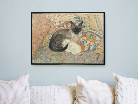【NO.132】寄り添うシャムネコと白い子猫のアートポスター☆アニマルヴィンテージ絵画★A5A4A3A2A1B5B4B3 5枚目の画像