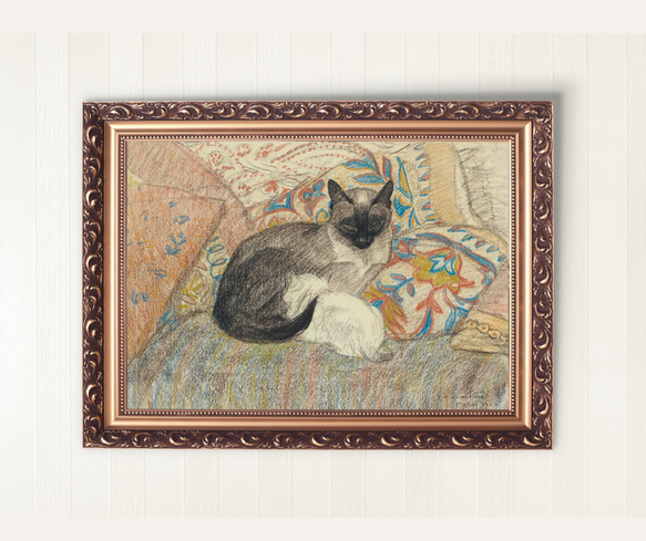 【NO.132】寄り添うシャムネコと白い子猫のアートポスター☆アニマルヴィンテージ絵画★A5A4A3A2A1B5B4B3 4枚目の画像