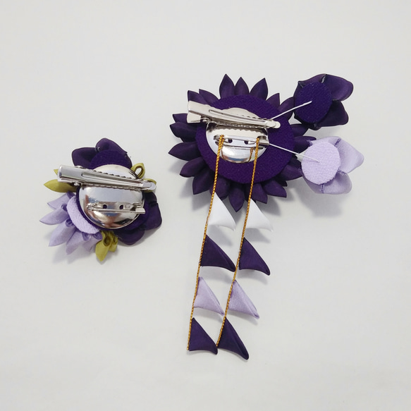 つまみ細工髪飾り　絹ダリアと3つの小花のクリップ　紫　成人式　七五三　卒業式 8枚目の画像