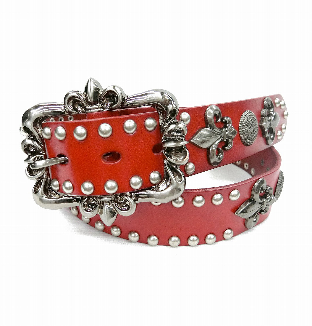 スタッズベルト　鋲付き　本革　レッド　ハード系　ロック系　バイカー　厚めのベルト