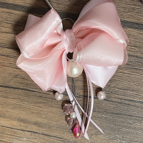 パールつき サテン オーガンジー 重ねリボン ベビーヘアクリップ