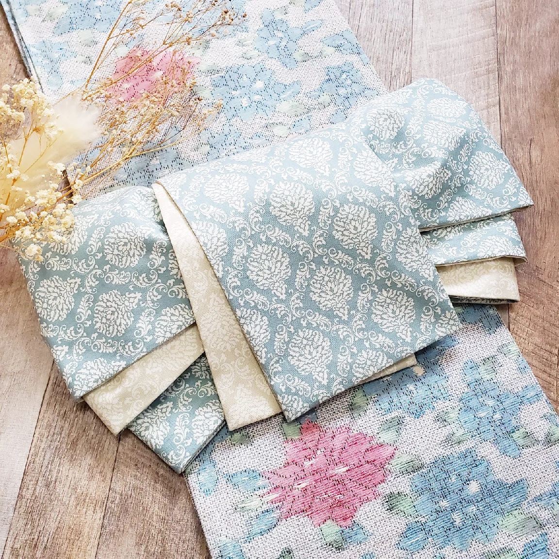 半幅帯 ダマスク リバーシブル アイボリー×アクアグリーン 青 水色 着物 和装