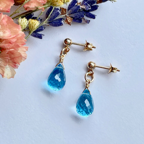 再販】 スイスブルー トパーズ ドロップ 1粒ピアス 14kgf ピアス  