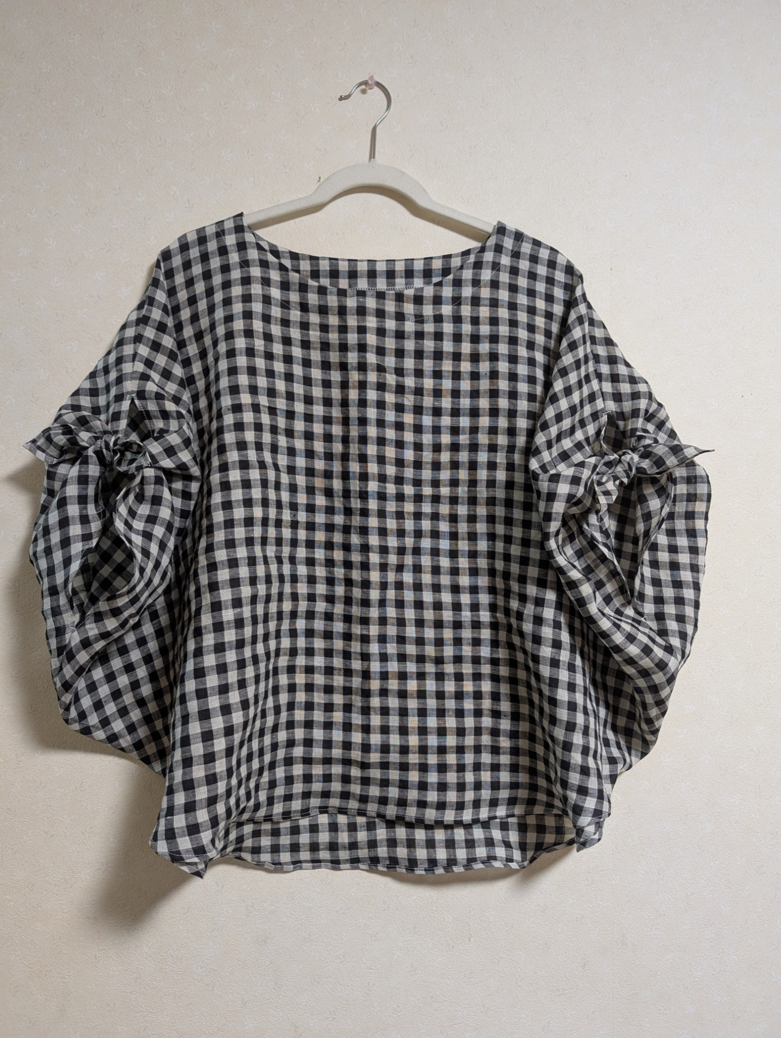 ギンガムチェックのリボンポンチョブラウス☆ブラック☆リネン100%☆再販×20〈受注制作〉