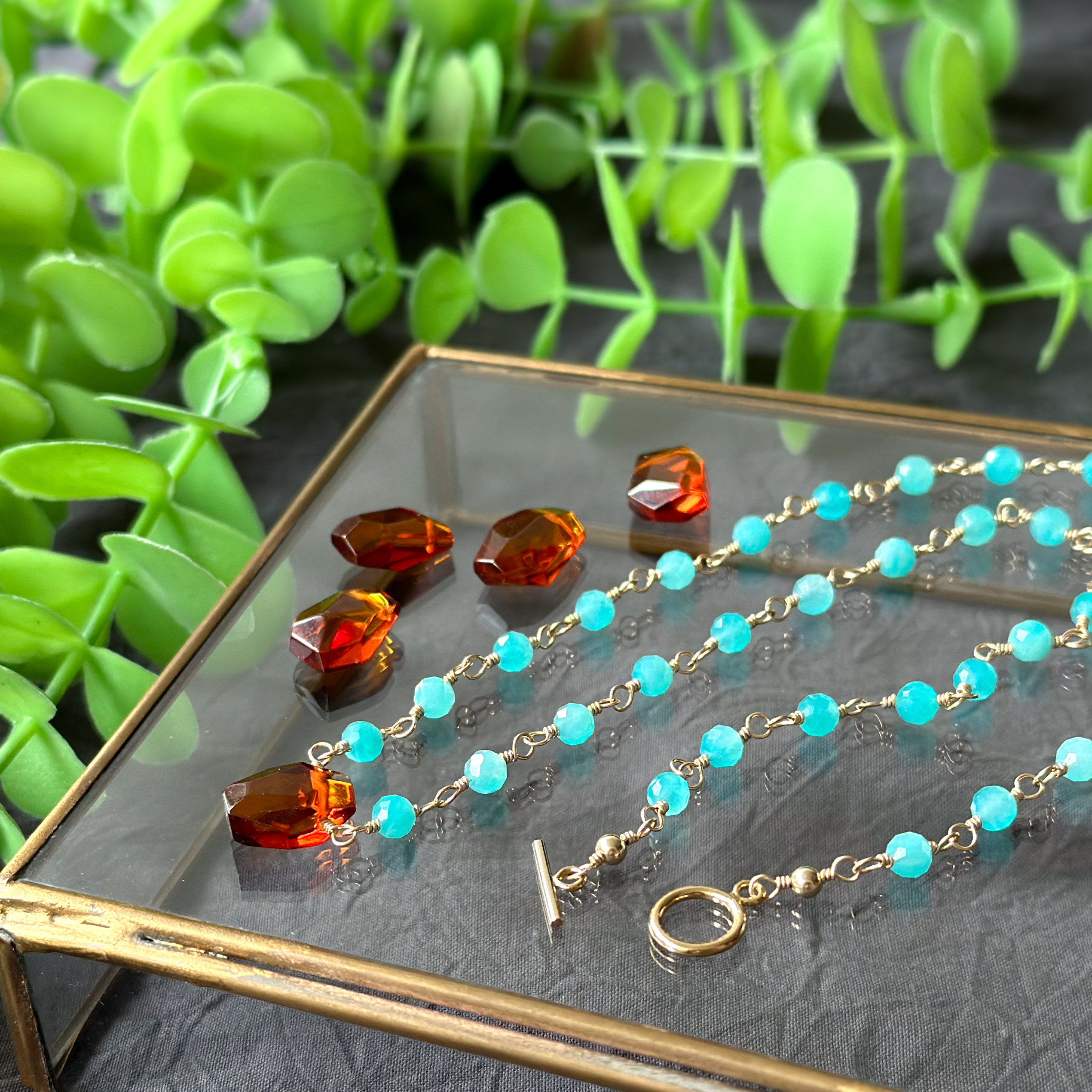 14kgf*アマゾナイトシリカとバルティックアンバーのマンテルネックレス*天然石