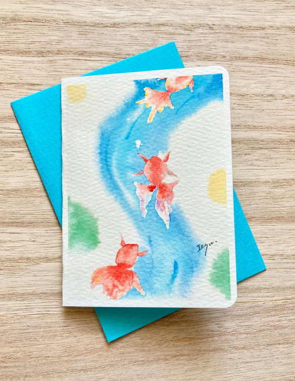 2枚セット「涼やかな金魚たち」水彩画イラスト　ミニカード　バースデーカード　メッセージカード　暑中見舞い　縁起物　父の日 1枚目の画像