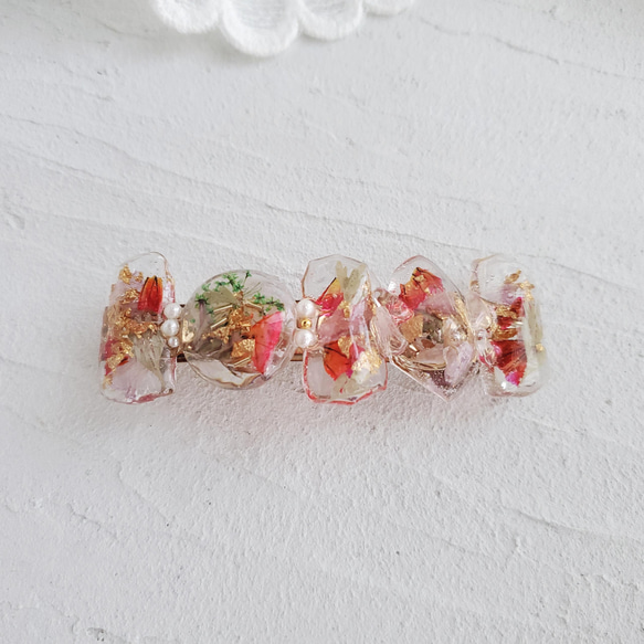 (レッド)鉱石フラワー  水中花 レジン バレッタ♡ ドライフ ラワー 上品 花鉱石 花氷 2枚目の画像