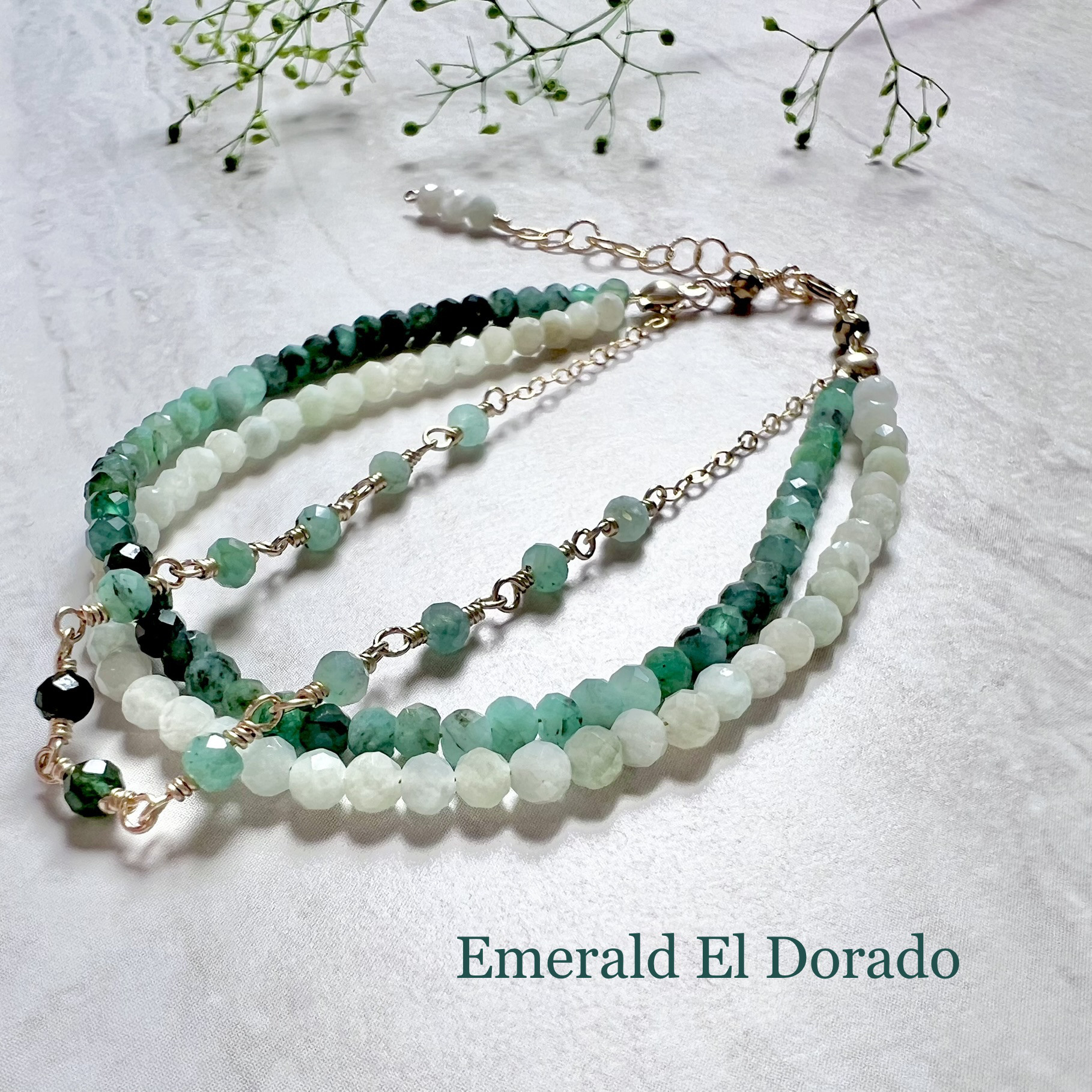 エメラルドとビルマ翡翠の３連ブレスレット_14kgf